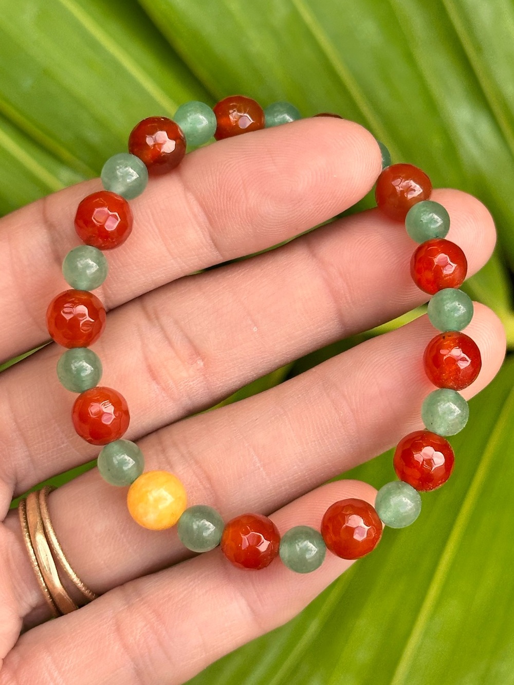 Crystal Beaded Stretch Bracelet Gemstones Red Agate Green Aventurine Yellow Jade
